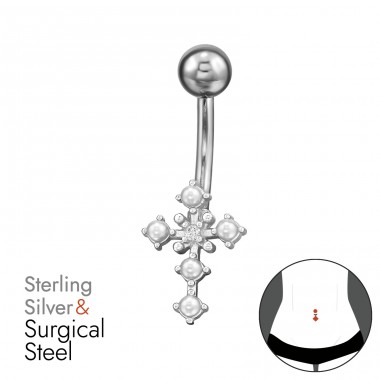 Kříž se zirkony a perlami - Šperkovní Stříbro 925 + Chirurgická Ocel 316 Piercing Do Pupku A4S49657