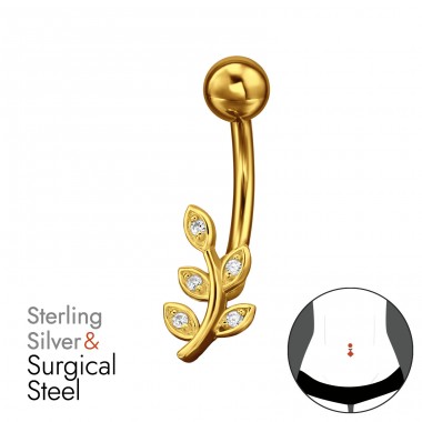 Golden Leaf with Zirconia - 316 Surgical Steel + 925 Sterling Silver Belly Bananas A4S49662