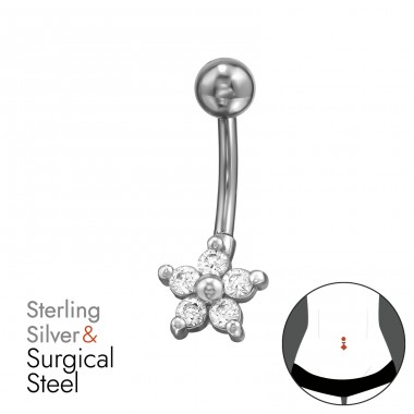 Flower with Zirconia - 925 Sterling Silver + 316 Surgical Steel Belly Bananas A4S49663