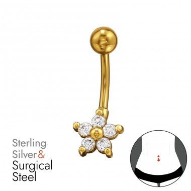 Golden Flower with Zirconia - 925 Sterling Silver + 316 Surgical Steel Belly Bananas A4S49664