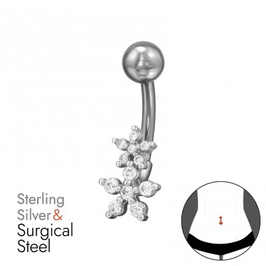 Květy se zirkony - Šperkovní Stříbro 925 + Chirurgická Ocel 316 Piercing Do Pupku A4S49665