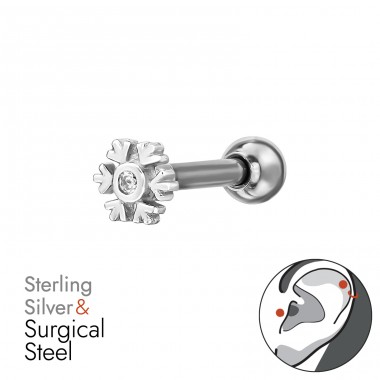 Snowflake with Zirconia - 925 Sterling Silver + 316 Surgical Steel Ear Tunnels & Plugs A4S49609