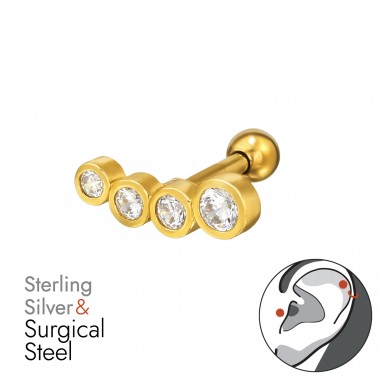 Golden Curved with Zirconia - 925 Sterling Silver + 316 Surgical Steel Ear Tunnels & Plugs A4S49620