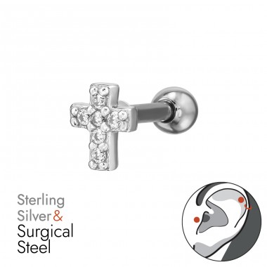Kříž se zirkony - Šperkovní Stříbro 925 + Chirurgická Ocel 316 Ear A4S49625