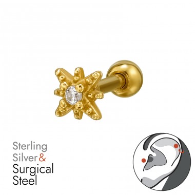 Silver wholesaler Golden Star with Zirconia - 316 Surgical Steel + 925 Sterling Silver Ear Tunnels & Plugs A4S49640 Golden Star with Zirconia - 316 Surgical Steel + 925 Sterling Silver Ear Tunnels & Plugs A4S49640