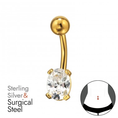 Pozlacený s oválným zirkonem - Šperkovní Stříbro 925 + Chirurgická Ocel 316 Piercing Do Pupku A4S49652