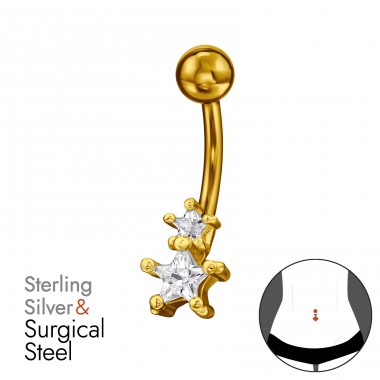 Hvězdy pozlacené se zirkony - Šperkovní Stříbro 925 + Chirurgická Ocel 316 Piercing Do Pupku A4S49656