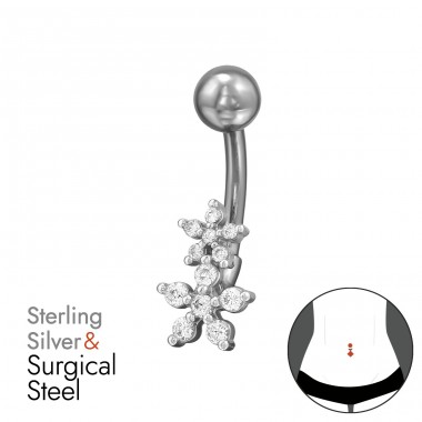 Květy se zirkony - Šperkovní Stříbro 925 + Chirurgická Ocel 316 Piercing Do Pupku A4S49665