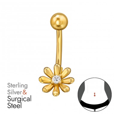 Daisy Flower, Gold Plated - 316 Surgical Steel + 925 Sterling Silver Silver A4S50088
