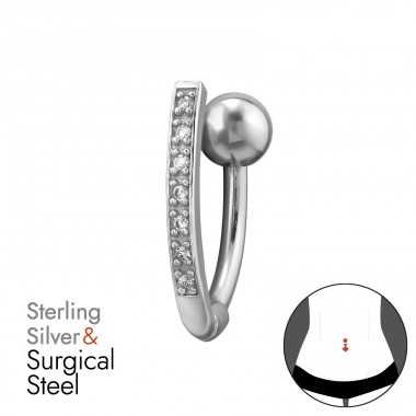Curved belly button piercing with zirconia - 925 Sterling Silver + 316 Surgical Steel Silver A4S50199