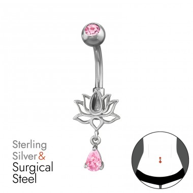 Lotus, piercing do pupíku se zirkonky - Chirurgická Ocel 316 + Šperkovní Stříbro 925 Silver A4S50201