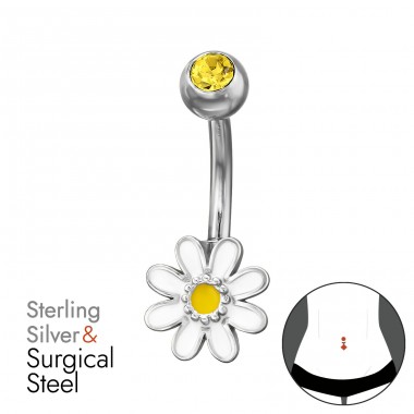 Piercing do pupíku se zirkonem a stříbrným kvítkem - Chirurgická Ocel 316 + Šperkovní Stříbro 925 Silver A4S50315
