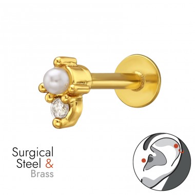 1.2x8mm Oval Tragus, Helix, Upper Ear Piercing Gold Plated With Crystal And Imitation Pearl - 316 Surgical Steel + Brass Steel A4S50589