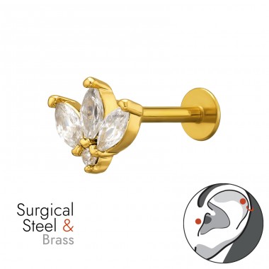 1.2x8mm Three Petal Flower Tragus, Helix, Upper Ear Piercing Gold Plated - 316 Surgical Steel + Brass Steel A4S50592