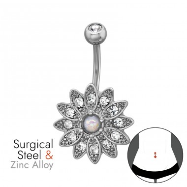 Floral Sunburt with Zirconia,  Curved Barbell Zinc & Stainless - 316 Surgical Steel + Zinc Steel A4S50600
