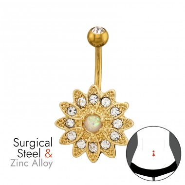 Floral Sunburt with Zirconia, Gold Plated, Curved Barbell Zinc & Stainless - 316 Surgical Steel + Zinc Steel A4S50601