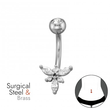 Flower Marquise, with Zirconia, Curved Barbell Stainless & Brass - 316 Surgical Steel + Brass Steel A4S50602