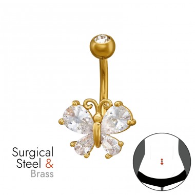 Bow with Zirconia, Gold Color Curved Barbell Stainless & Brass - 316 Surgical Steel + Brass Steel A4S50603