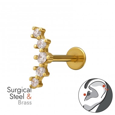 Cluster Bar  with Zirconia, Tragus, Gold Plated, Barbell Stainless & Brass - 316 Surgical Steel + Brass Steel A4S50604
