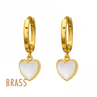 Dangling Heart Brass 18K Gold Plated Mother Of Pearl - Brass Huggie Hoops A4S50749