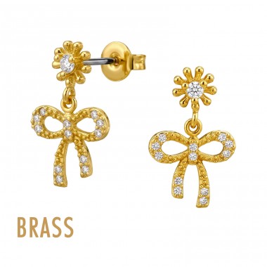 Flower Dangling Bow Brass Gold Plated - Brass Jeweled Ear Studs A4S50886