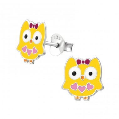 Owl with 3 hearts - 925 Sterling Silver Ear Studs With Enamel Colors A4S26496