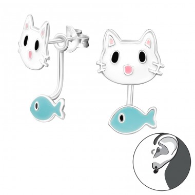 Cat And Fish - 925 Sterling Silver Ear studs with enamel colors A4S27773