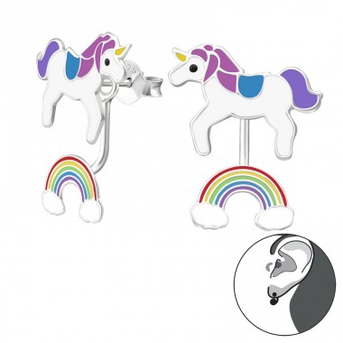 Unicorn And Rainbow - 925 Sterling Silver Ear studs with enamel colors A4S35344