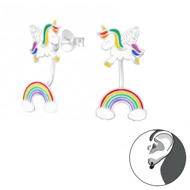 Unicorn with hanging Rainbow 2 parts - 925 Sterling Silver Double-Sided Ear Studs A4S39860