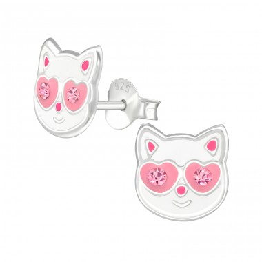 Katze mit rosa Augen mit Kristallen - Bunte Ohrstecker aus 925er Sterlingsilber A4S42018