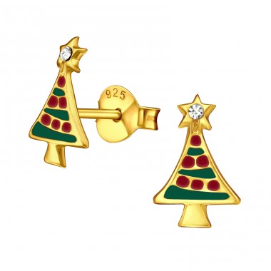 Golden Christmas Tree - 925 Sterling Silver Ear Studs With Enamel Colors A4S44731