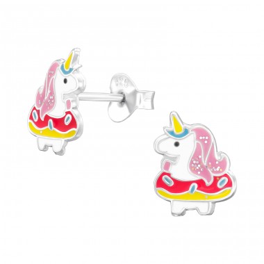 Unicorn in a donut - 925 Sterling Silver Ear Studs With Enamel Colors A4S44780