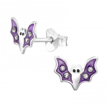 Bat with purple wings and crystals - 925 Sterling Silver Ear Studs With Enamel Colors A4S44904