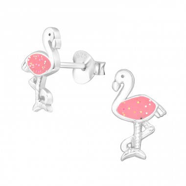 Flamingo with glitter - 925 Sterling Silver Ear Studs With Enamel Colors A4S45251