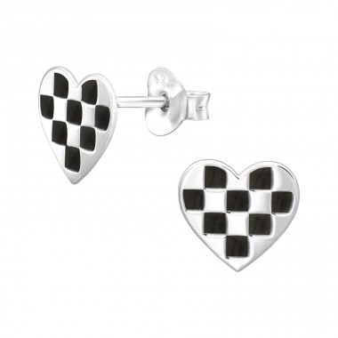 Checkerboard heart shape - 925 Sterling Silver Ear Studs With Enamel Colors A4S45329