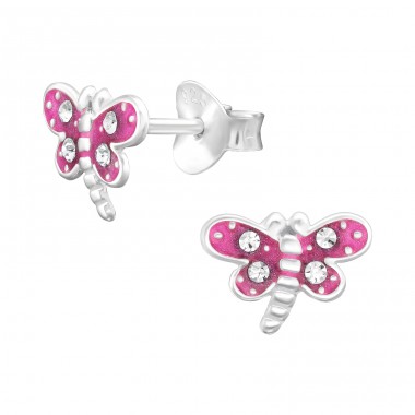 Pink Dragonfly - 925 Sterling Silver Ear Studs With Enamel Colors A4S45355