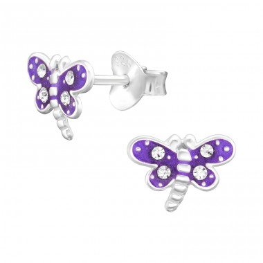 Purple Dragonfly with crystals - 925 Sterling Silver Ear Studs With Enamel Colors A4S45356