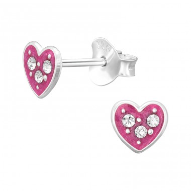 Pink Heart with crystals - 925 Sterling Silver Ear Studs With Enamel Colors A4S45357