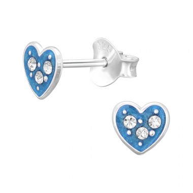 Blue Heart with crystals - 925 Sterling Silver Ear Studs With Enamel Colors A4S45358