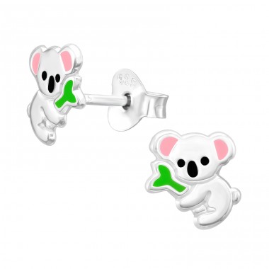 Koala & Eucalyptus leaf - 925 Sterling Silver Ear Studs With Enamel Colors A4S45364