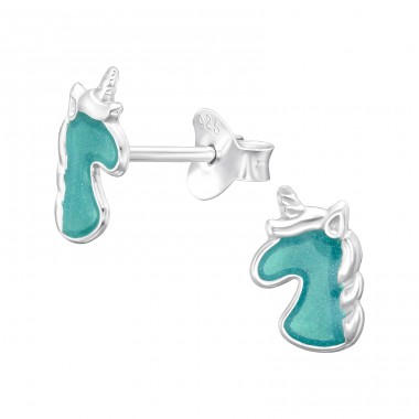 Blue Unicorn - 925 Sterling Silver Ear Studs With Enamel Colors A4S45384