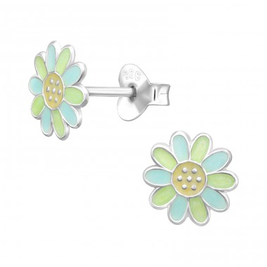 Light Green Flower - 925 Sterling Silver Ear Studs With Enamel Colors A4S45389