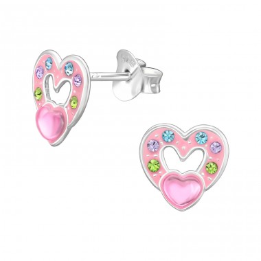 Heart with crystals - 925 Sterling Silver Ear Studs With Enamel Colors A4S45844