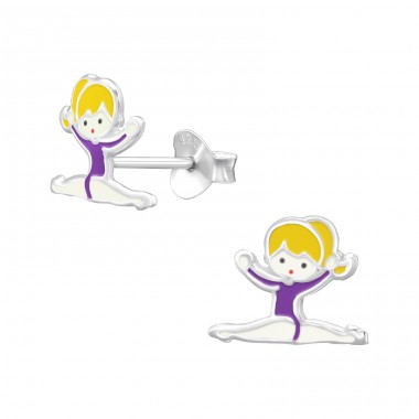 Gymnast in purple jersey - 925 Sterling Silver Ear Studs With Enamel Colors A4S46146