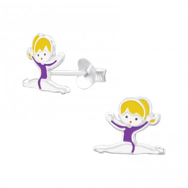 Gymnast in purple jersey - 925 Sterling Silver Ear Studs With Enamel Colors A4S46146