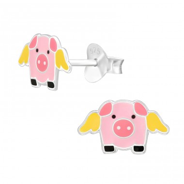 Flying Pig - 925 Sterling Silver Ear Studs With Enamel Colors A4S46190