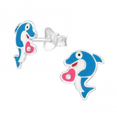 Colourful Shark Ear Studs with crystals - 925 Sterling Silver Ear Studs With Enamel Colors A4S46259