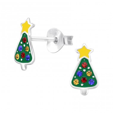 Christmas Tree - 925 Sterling Silver Ear Studs With Enamel Colors A4S46586