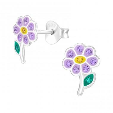 Flower with crystals - 925 Sterling Silver Ear Studs With Enamel Colors A4S47230