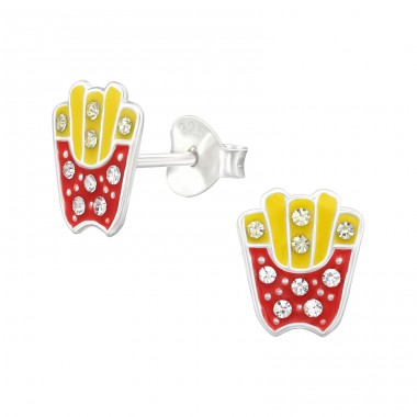 French Fries with Crystals, - 925 Sterling Silver Ear Studs With Enamel Colors A4S48353